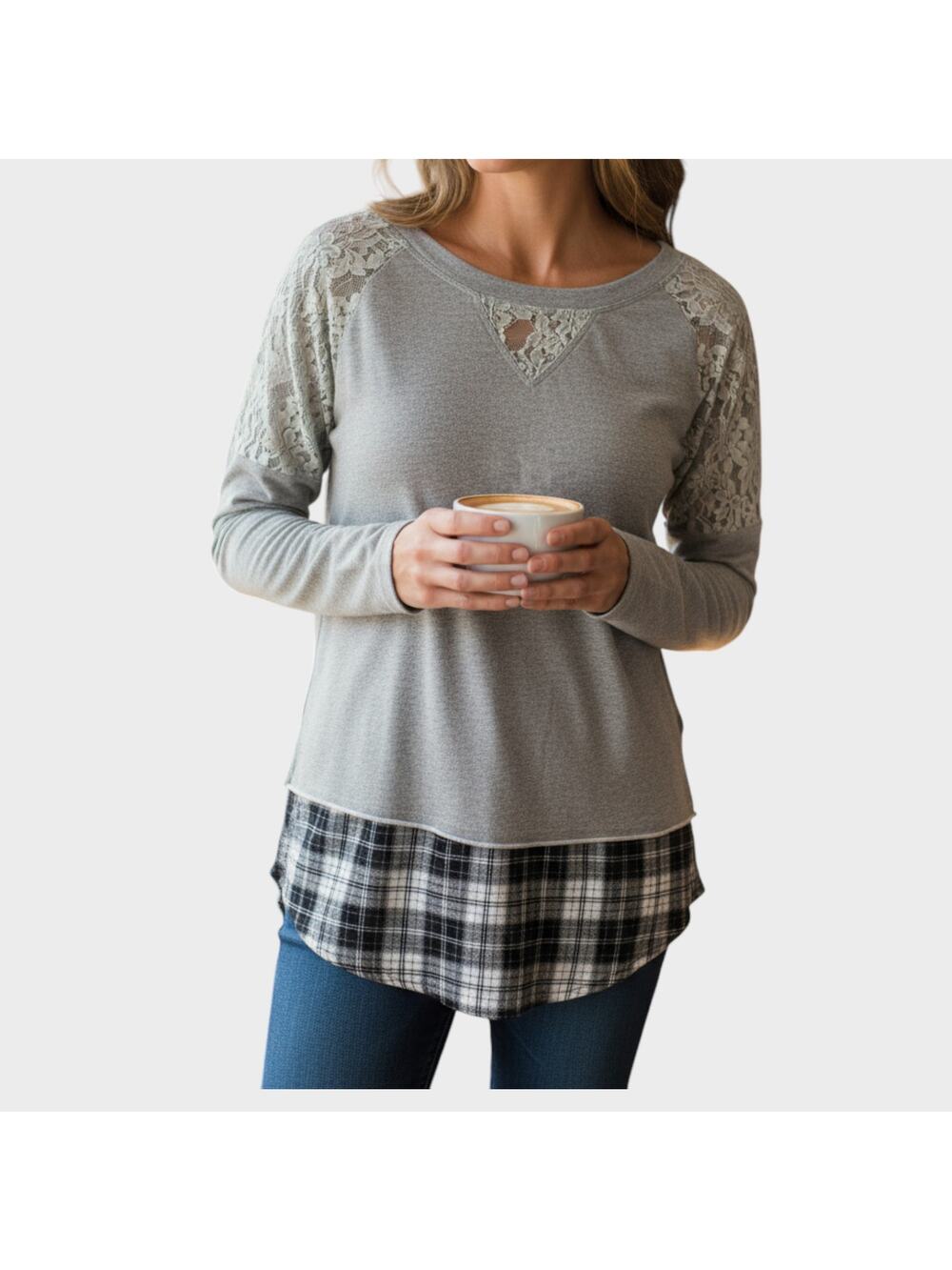 Hazel Small Lightweight Sweater Gray with Plaid Blouse Look Under Linen Blend